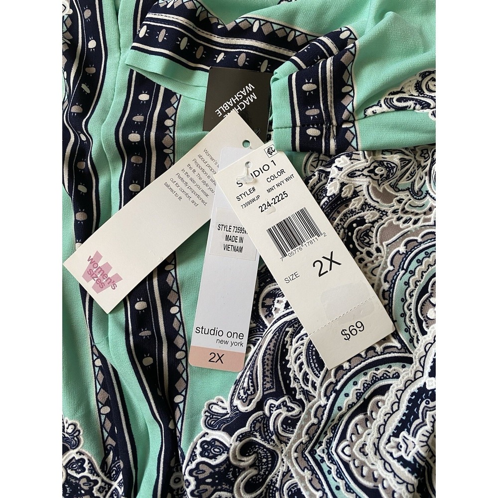 Paisley Size2X Dress Aqua Blue‎ Black White Career Studio One New York NWT Comfy - Picture 4 of 10